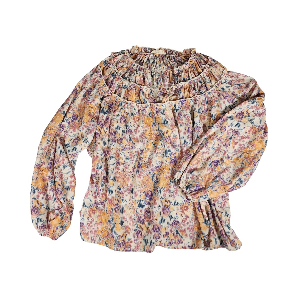 Enro Women Purple Yellow Floral Ruffle Neck Bubble Sleeve Blouse Medium